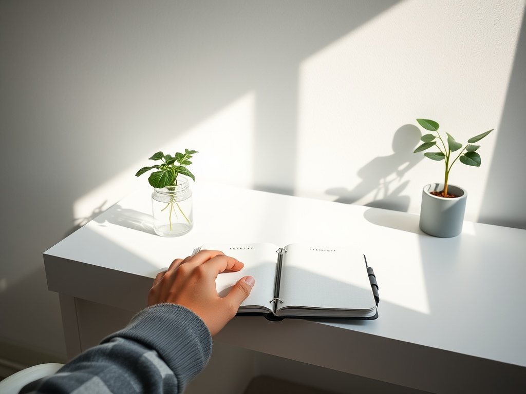 A minimalist Scandinavian workspace bathed in natural light, with a sleek white desk, a single green plant, and a person's hand resting on a premium textured notebook, soft shadows, photorealistic, 8k, commercial photography style, cinematic lighting.