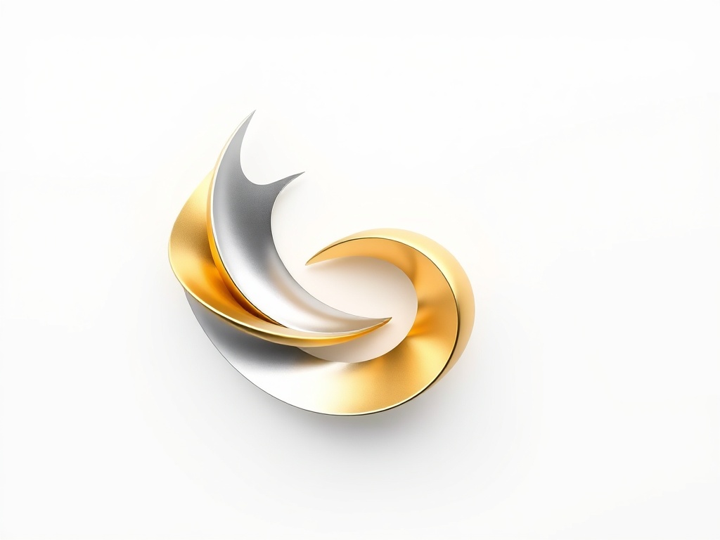 Abstract 3D geometric shape resembling a leaf or a flame, smooth surfaces, gradient gold and silver, on a clean white background, photorealistic, 8k, commercial photography style.