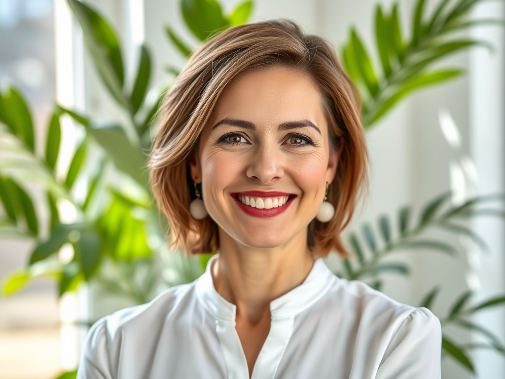Female portrait, early 30s, confident smile, wearing a white blouse, natural light from a window, background is a blurred green plant, photorealistic, 8k, commercial photography style.