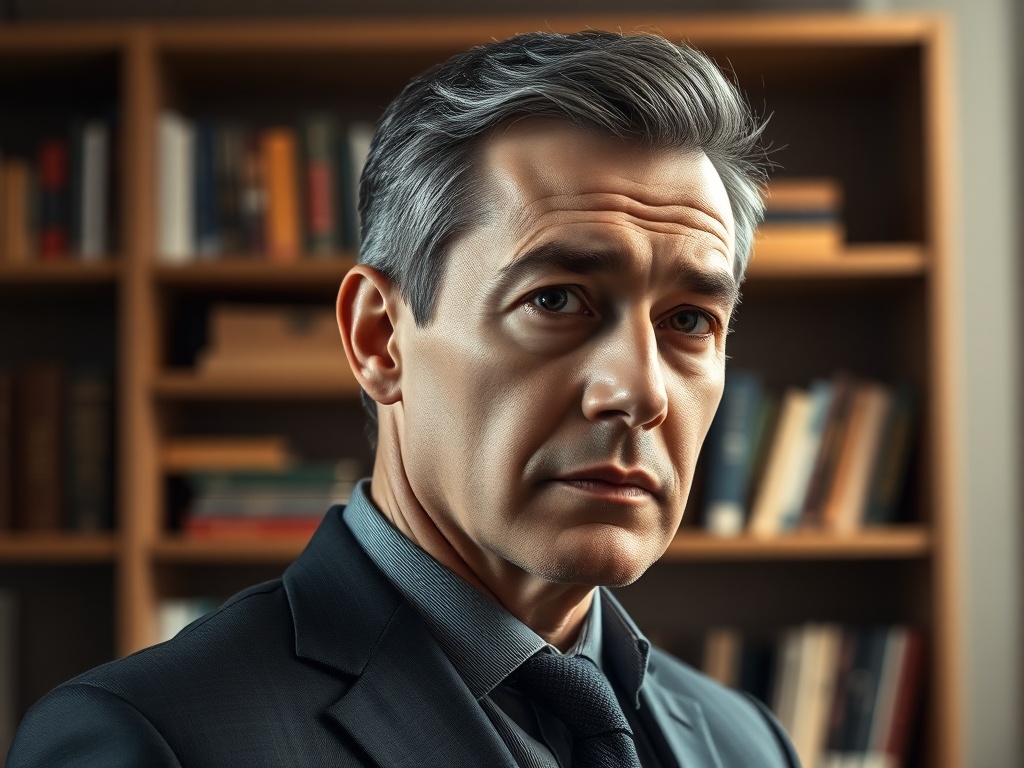 Male portrait, mid-40s, thoughtful expression, wearing a tailored dark suit, soft rim lighting, blurred modern bookshelf background, photorealistic, 8k, commercial photography style.